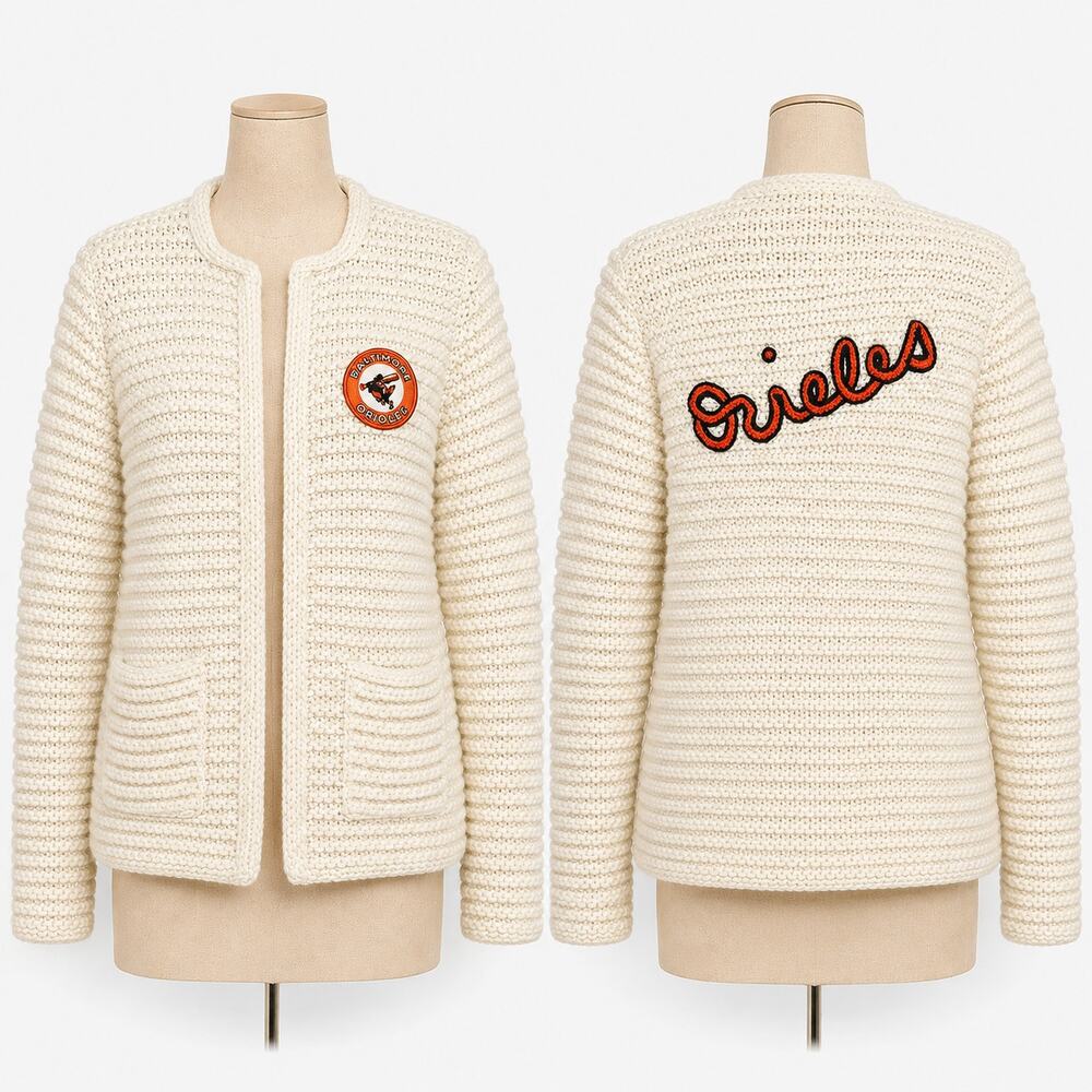 Hand Knit Baltimore Orioles Cardigan Sweater Cream Women's M/L Vintage Style